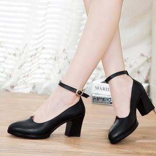 Hannah Genuine Leather Ankle Strap Block Heel Pumps