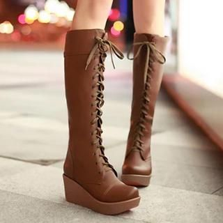 Sidewalk Lace-up Wedge Long Boots