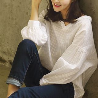 Eva Fashion Long-Sleeve V-Neck Linen Blouse