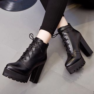 CoffeeMilk Genuine Leather Platform Heeled Short Boots