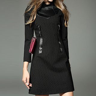 Queen Mulock Faux-Leather Panel Stripe Sheath Dress