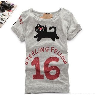 Cute Colors Short-Sleeve Cat Appliqué T-Shirt