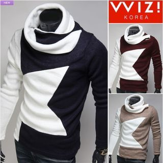 WIZIKOREA Turtle-Neck Contrast-Trim Top