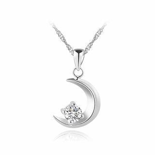 BELEC 925 Sterling Silver Moon Pendant with White Cubic Zircon and Necklace - 40cm