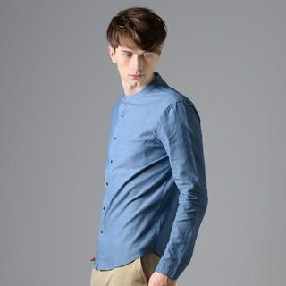 YesStyle M Mandarin-Collar Snap-Button Denim Shirt