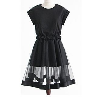 FURIFS Short-Sleeve Tie Waist Mesh Panel Dress