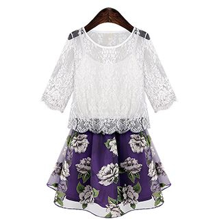 FURIFS Set: Elbow-Sleeve Lace Top + Floral Slipdress