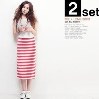 Set: Short-Sleeve T-Shirt + Striped Skirt