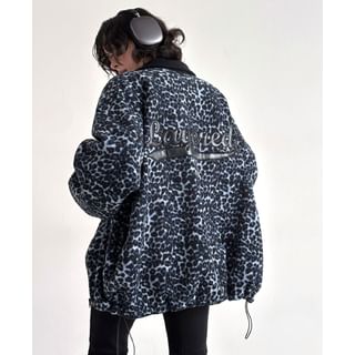 Lettering Leopard Fleece Zip-Up Hooded Jacket
