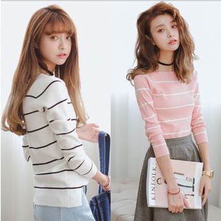 SUYISODA Long Sleeved Square Neck Striped Knit Top