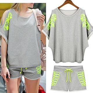 Cherry Dress Set: Cutout Round-Neck Embroidered T-Shirt + Sweat Shorts