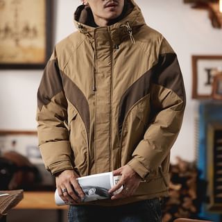 Hooded Two Tone Zip Puffer Jacket