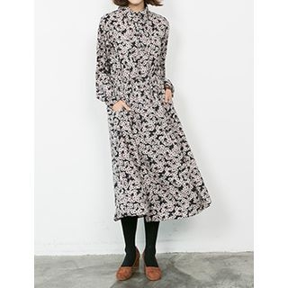 FROMBEGINNING Floral Pattern Long Shirtdress with Sash