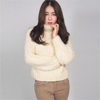 ERANZI High-Neck Balloon-Sleeve Wool Blend Sweater