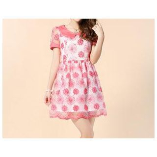 Strawberry Flower Short Sleeved Jacquard Collared Dress