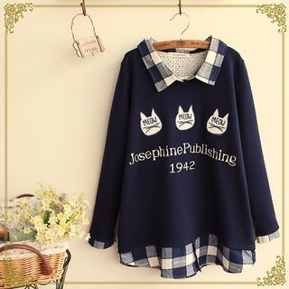 Fairyland Mock Two-piece Embroidered Cat Collared Pullover