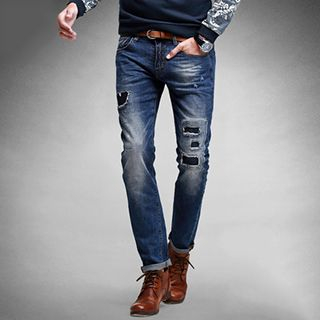 Quincy King Distressed Patched Jeans