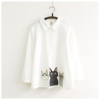Ranche Embroidered Cat Long-Sleeve Blouse