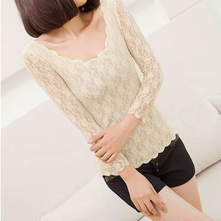 Hyoty 3/4-Sleeve Scalloped Trim Lace Top