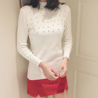Honey House Faux Pearl Mock Neck Knit Top