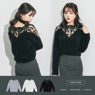 PUFII Lace Panel Furry Sweater