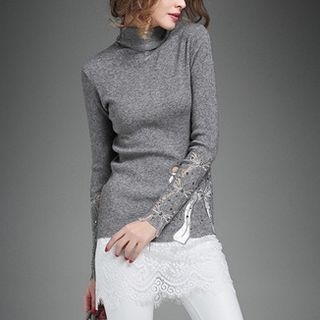amorAdela Stand Collar Embroidered Knit Pullover