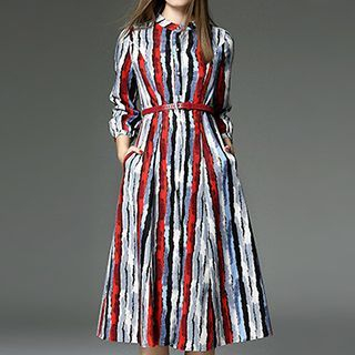 Queen Mulock 3/4-Sleeve Belted Stripe Midi Dress