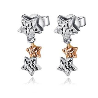 MaBelle 14K Rose and White Gold Diamond-Cut Triple Stars Earrings