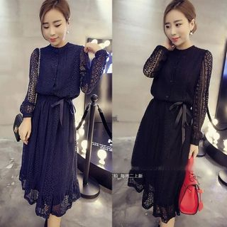 QZ Lady Long-Sleeve Tie Waist Lace Dress