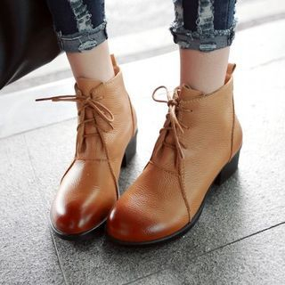 Pangmama Genuine Leather Lace Up Ankle Boots