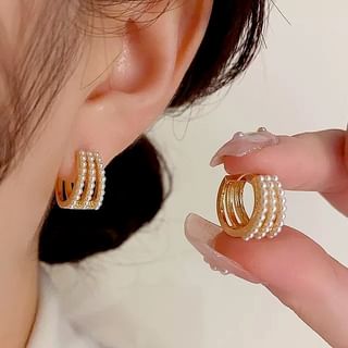 Faux Pearl Hoop Earring ED00208 - 1 Pair - Gold & White - One Size