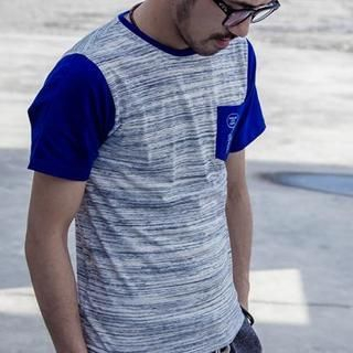 YIDESIMPLE Contrast-Sleeve Printed-Pocket T-Shirt