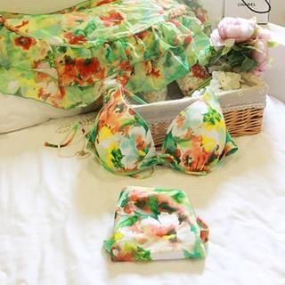 Moonrise Swimwear Set: Floral Printed Halter Bikini + Bottom + Cover-Up