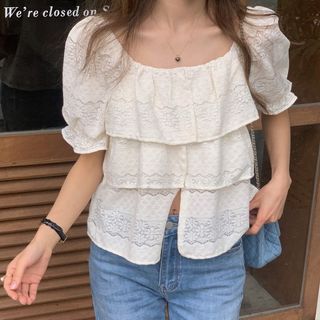 Puff-Sleeve Plain Ruffled Slit Lace Blouse