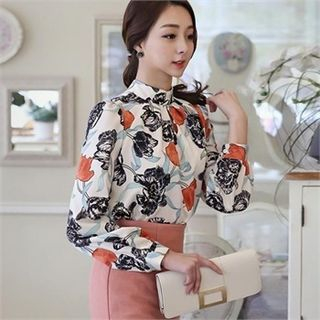 ode' Mock-Neck Floral Pattern Shirred Top