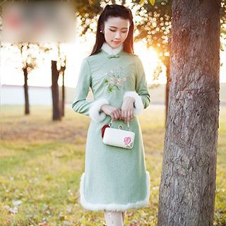 GU ZHI Faux-Fur-Trim Embroidered Dress