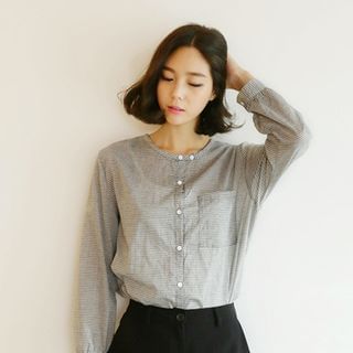 Seoul Fashion Collarless Pocket-Front Striped Shirt