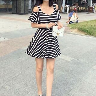 Everose Cutout-Shoulder Stripe A-Line Dress
