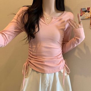 Long-Sleeve Notch Neck Plain Drawstring T-Shirt