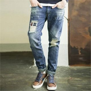 TOMONARI Paint-Splatter Distressed Jeans