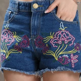 Sayumi Floral Embroidered Denim Shorts