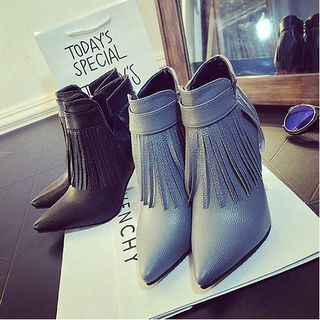 Wello Fringed Pointy Kitten Heel Ankle Boots