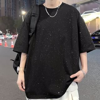 Elbow-Sleeve Crewneck Glitter T-Shirt