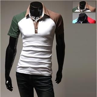 WIZIKOREA Short-Sleeve Color-Block Polo Shirt