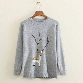Mushi Sequined Deer Pattern Knit Top
