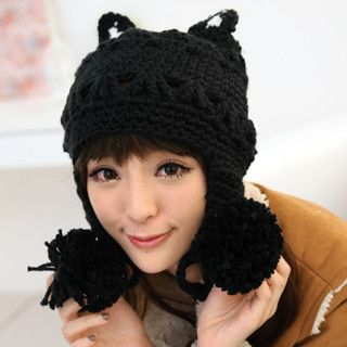 Cat-Ear Pompom Beanie Black - One Size