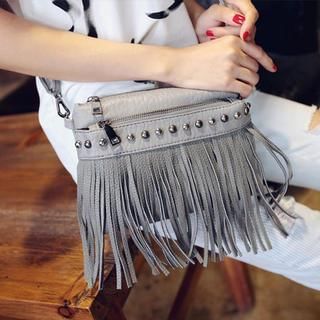 Clair Fashion Faux Leather Studded Fringed Shoulder Bag