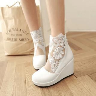 JY Shoes Mid Calf Lace Panel Wedge