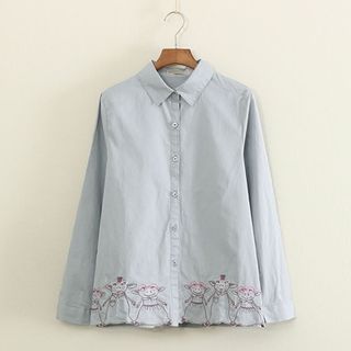 Mushi Long-Sleeve Pig Embroidered Shirt