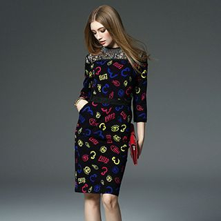Queen Mulock 3/4-Sleeve Lace Panel Printed Dress